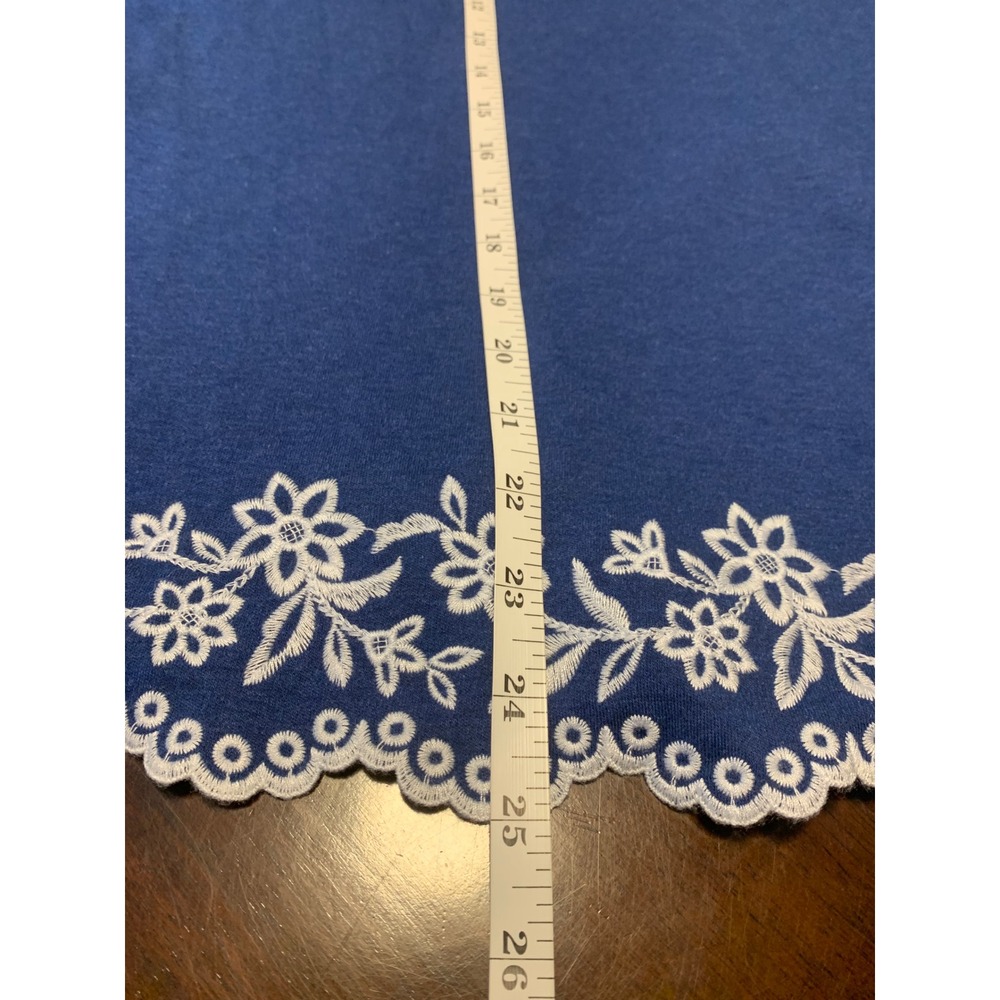 Blue Floral Embroidered Scalloped Hem Short Sleeve Top Boho Coastal‎ Grandma - Picture 5 of 7